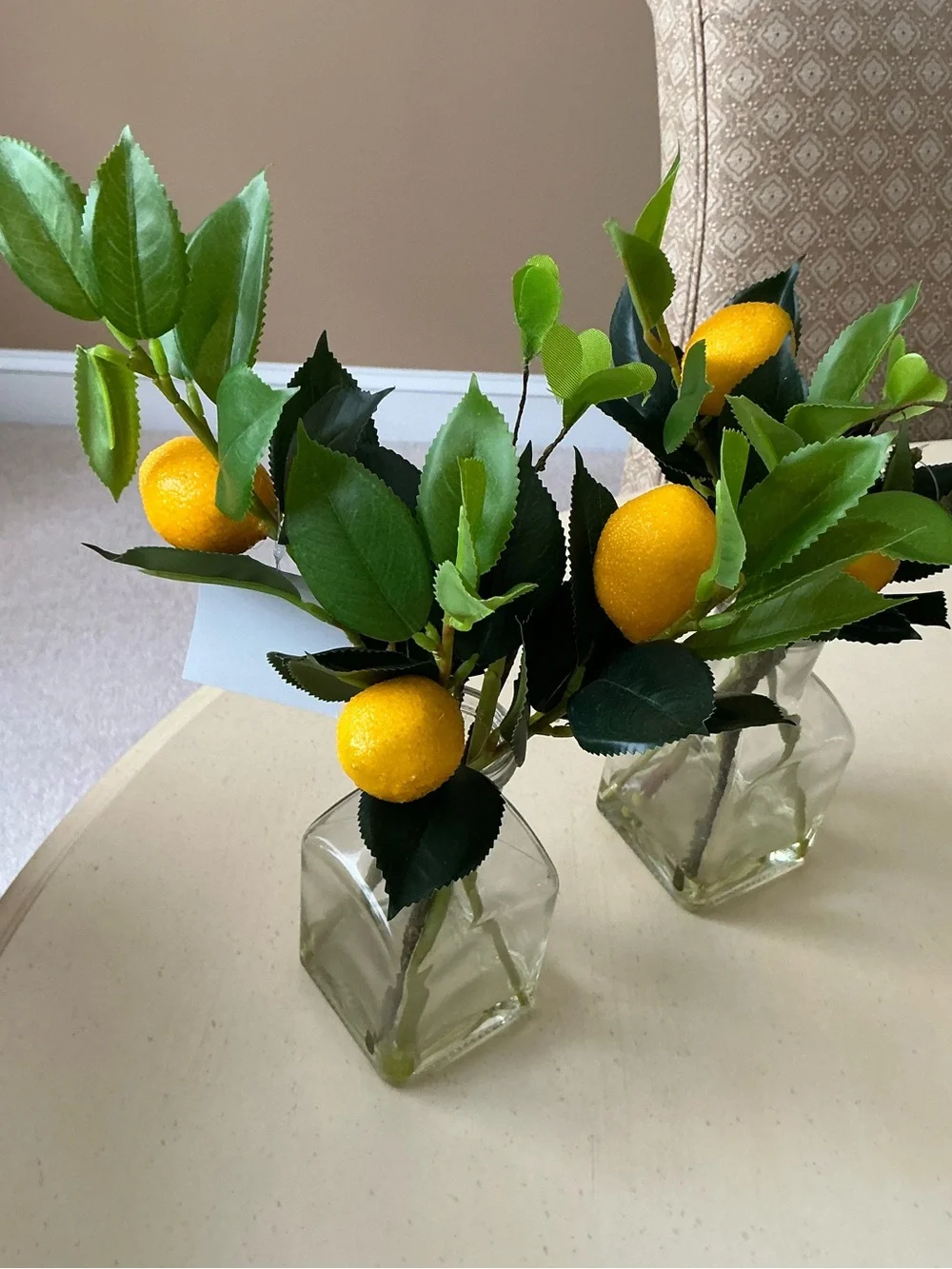Two Artificial Lemon Tree Branches in Glass Vases Decor 🍋